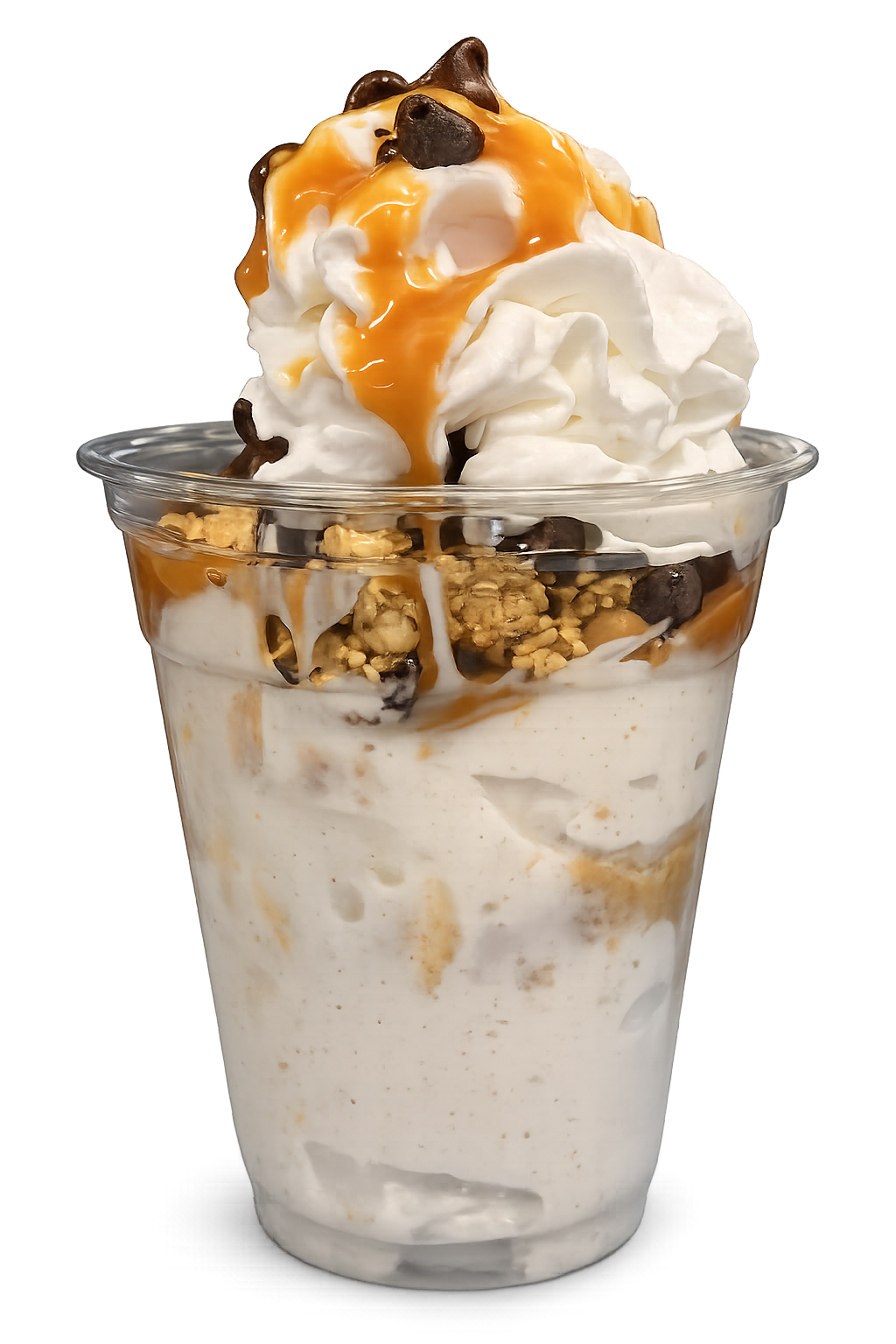 Honey nut yogurt parfait with granola, chocolate chips, whipped cream, and caramel drizzle